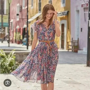 Sundance Floral Midi Dress in Pink and Blue with Belt